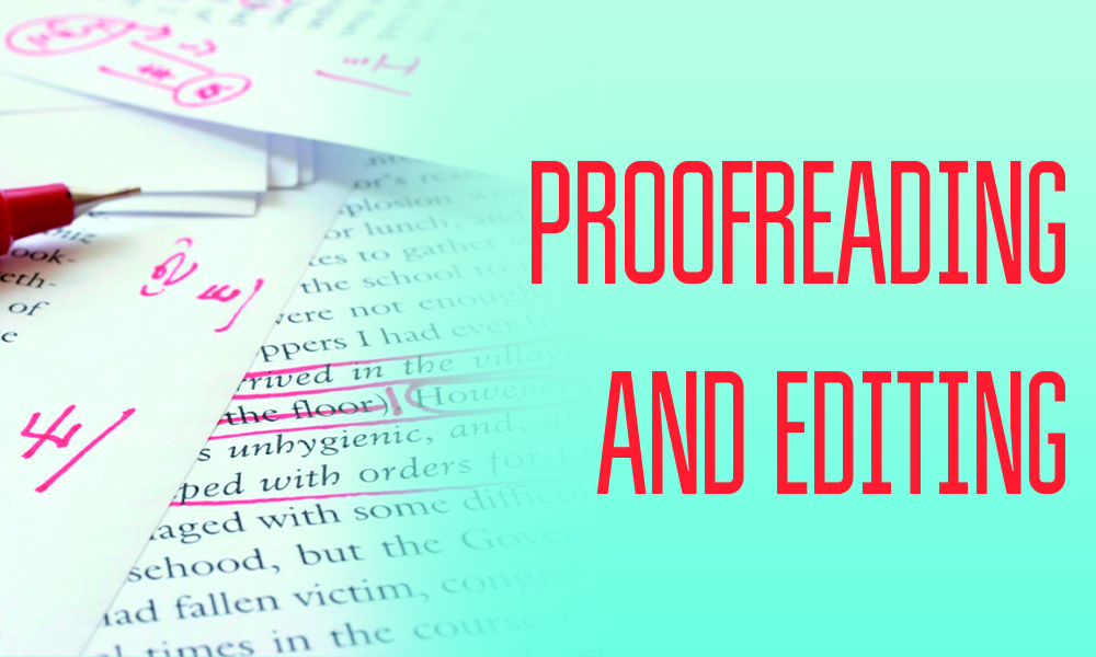 Paper with handwritten corrections and bold red text reading 'Proofreading and Editing' on a gradient background