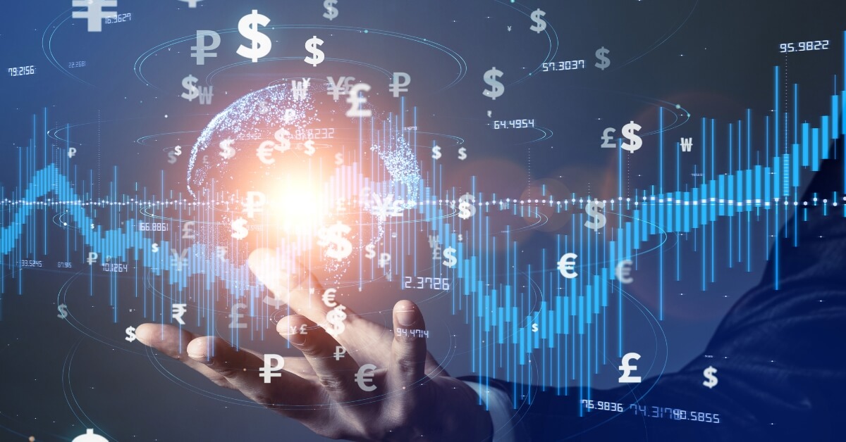A hand reaches out to interact with an interface displaying a digital globe surrounded by financial symbols